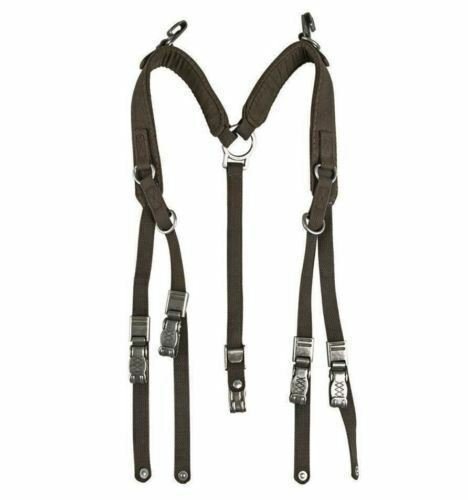 German army Y-strap suspenders made of durable poly-cotton with metal clips and aluminum D-rings for tactical gear.