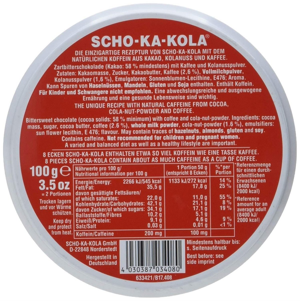 German Energy Dark Chocolate SCHO-KA-KOLA Caffeine & Cola Nut 100 g tin can