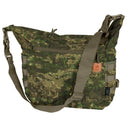 Helikon-Tex Bushcraft Satchel in camouflage cordura with adjustable strap and MOLLE panels for outdoor and tactical use.