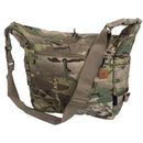 Helikon-Tex Bushcraft Satchel shoulder bag in camouflage with MOLLE panels, adjustable strap, and multiple zippered pockets for outdoor use.