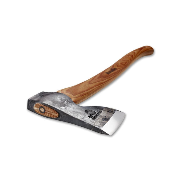 Hultafors ABY Forest Axe with carbon steel head and wooden handle, designed for precision wood processing and outdoor use.