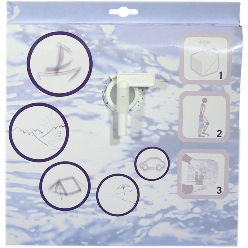 Katadyn collapsible 20L water canister with spout shown on packaging with outdoor activity icons and instructions.