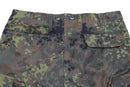 Close-up of Leo Köhler BDU pants with Bundeswehr Flecktarn camo, cargo pockets, and reinforced seat and knees.