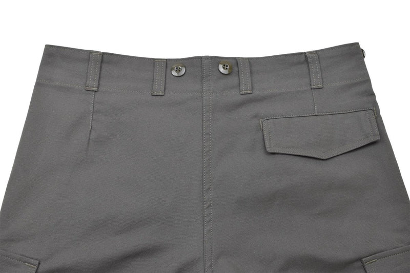 Close-up of solid gray Leo Kohler men's military cargo trousers with button closure and cargo pocket detail