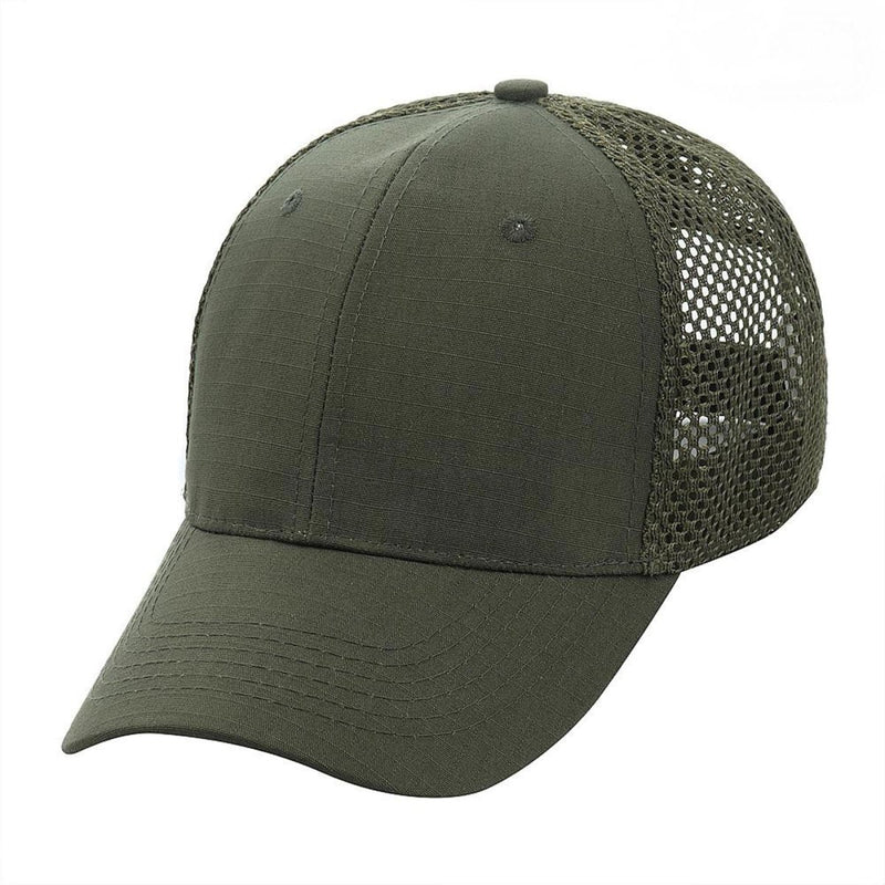 Olive green military style baseball cap with mesh back and adjustable strap, lightweight and foldable for outdoor use