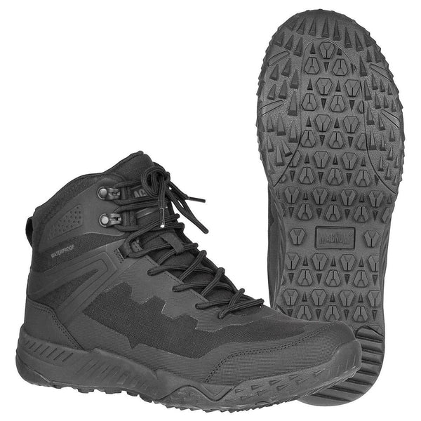 Black waterproof Magnum HI-TEC Ultima 6.0 hiking boots with durable outsole and padded high ankle support