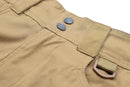 Close-up of coyote-colored durable cotton ripstop fabric on military-style bermuda shorts with belt loops and buttons