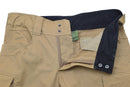 Close-up of coyote-colored military style bermuda shorts made from sturdy cotton ripstop fabric with zipper and button closure