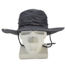 Black MFH military style wide brim boonie hat with chin strap and ventilation holes shown on mannequin head.