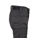 Side view of black military-style bermuda shorts with zippered cargo pocket and adjustable waist detail