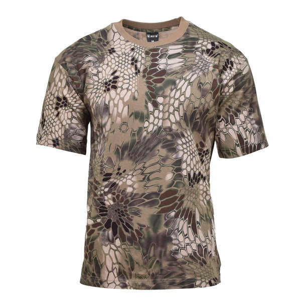 MFH Brand U.S. military short sleeve undershirt in snake FG camo with lightweight, breathable fabric for active wear.