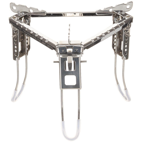 Foldable stainless steel campfire pot stand with three adjustable legs for stable outdoor cooking and BBQ tripod use