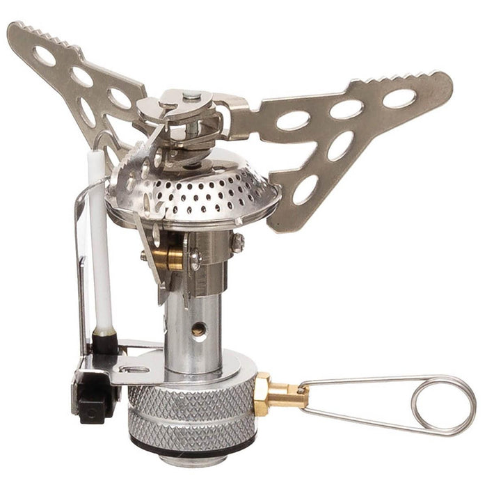 Compact lightweight foldable MFH camping hiking piezo gas burner stove with stable design and efficient heat output for outdoor cooking.