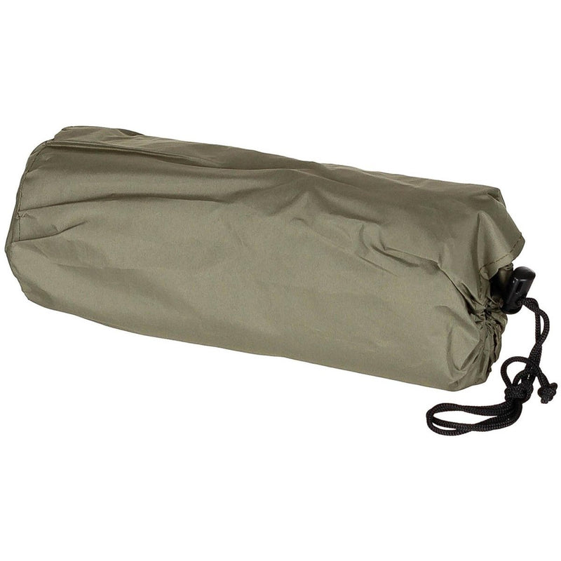 Olive green waterproof stuff sack carrying bag for MFH inflatable sleeping pad with adjustable closure cord.