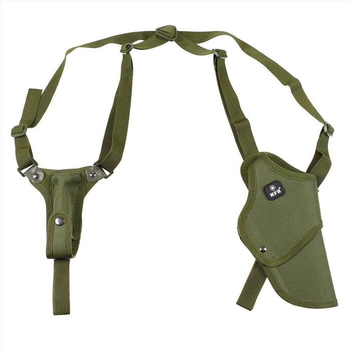 MFH Shoulder Holster Right Handed Adjustable Fit Mag Pouch Double Safety Catch, Nylon Holsters, Olive color - GoMilitar