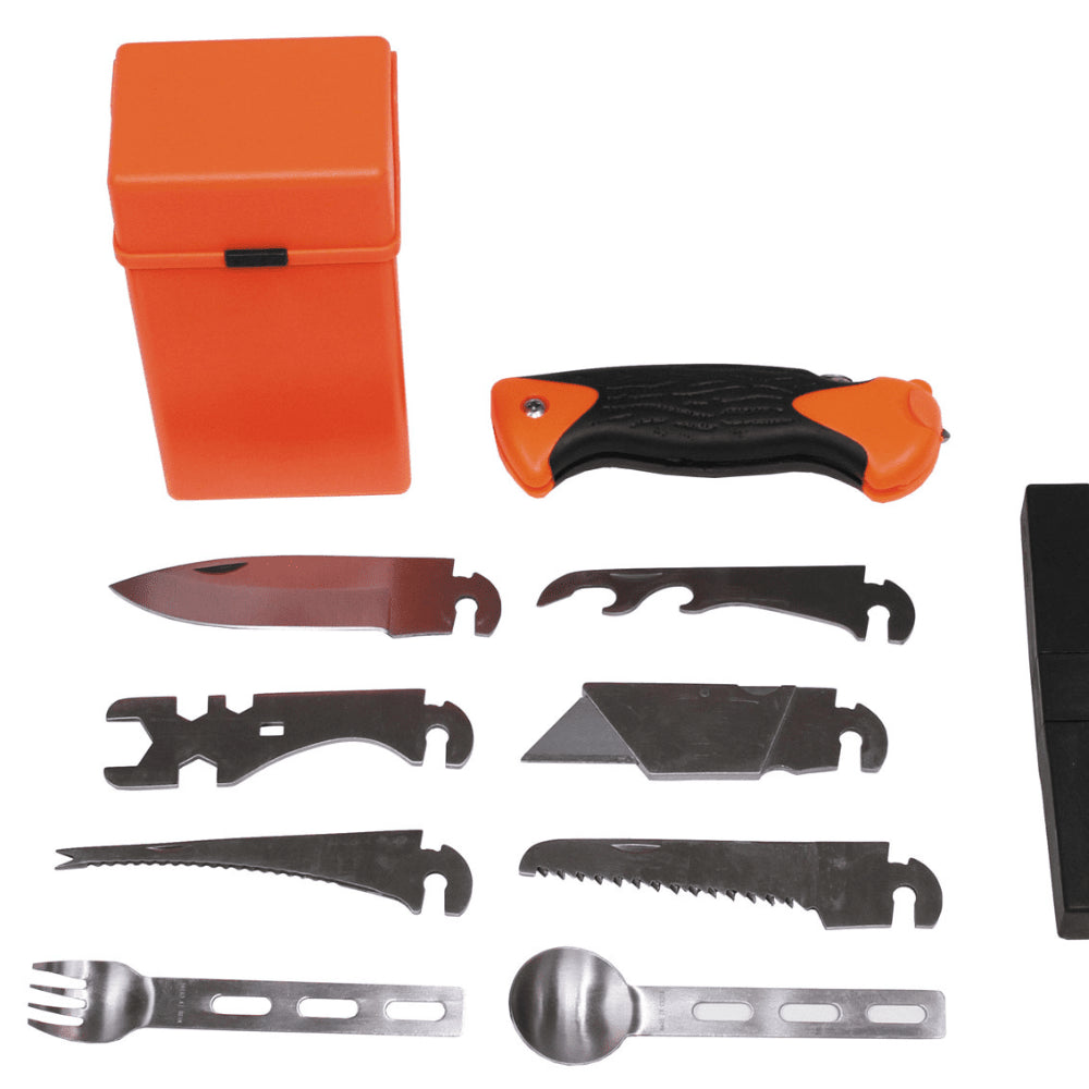 MFH Special 27 Part Survival Kit Utility Tool Box Orange Camping Outdoor
