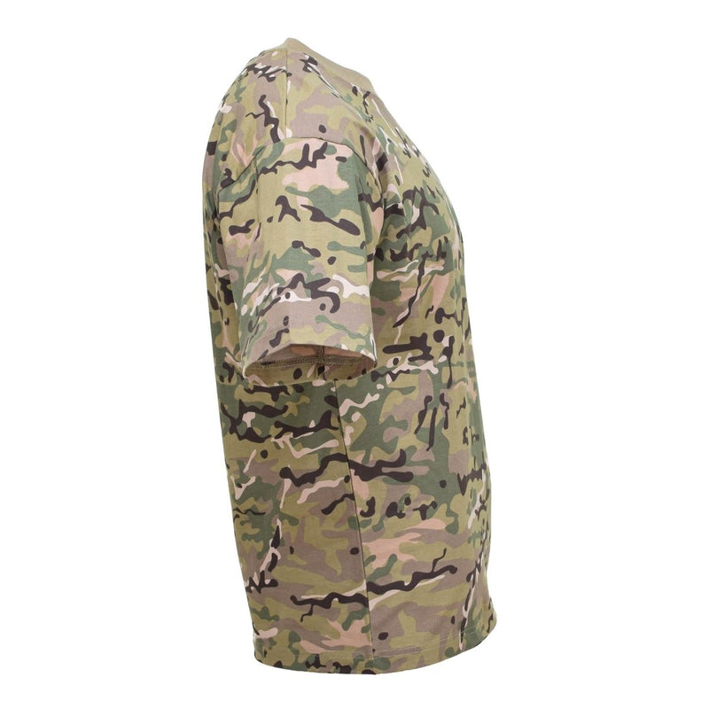 Side view of a lightweight, breathable U.S. Army style camo t-shirt with short sleeves for outdoor use.