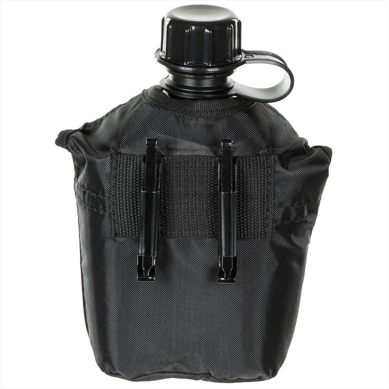 MFH U.S. Military Plastic Canteen 1L Screw Cap Clips Attachment BPA Free Black