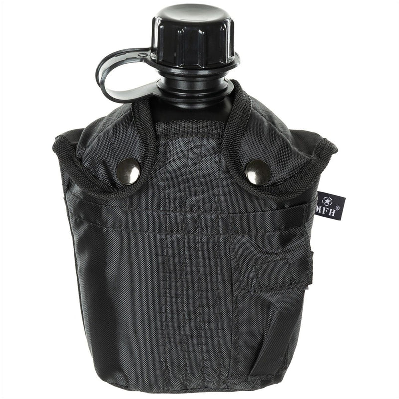 MFH U.S. Military Plastic Canteen 1L Screw Cap Clips Attachment BPA Free Black