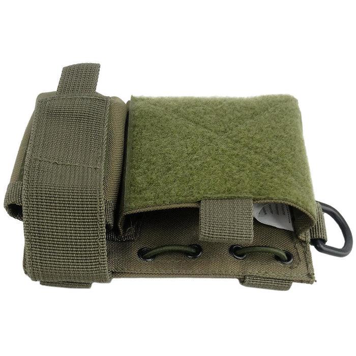 Olive green MIL-TEC admin pouch with MOLLE attachment, designed for carrying flashlight, pen, and notebook.