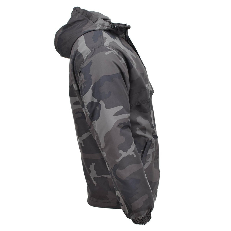 Side view of MIL-TEC lightweight CCE night camouflage hooded anorak jacket with elastic cuffs and front flap pocket