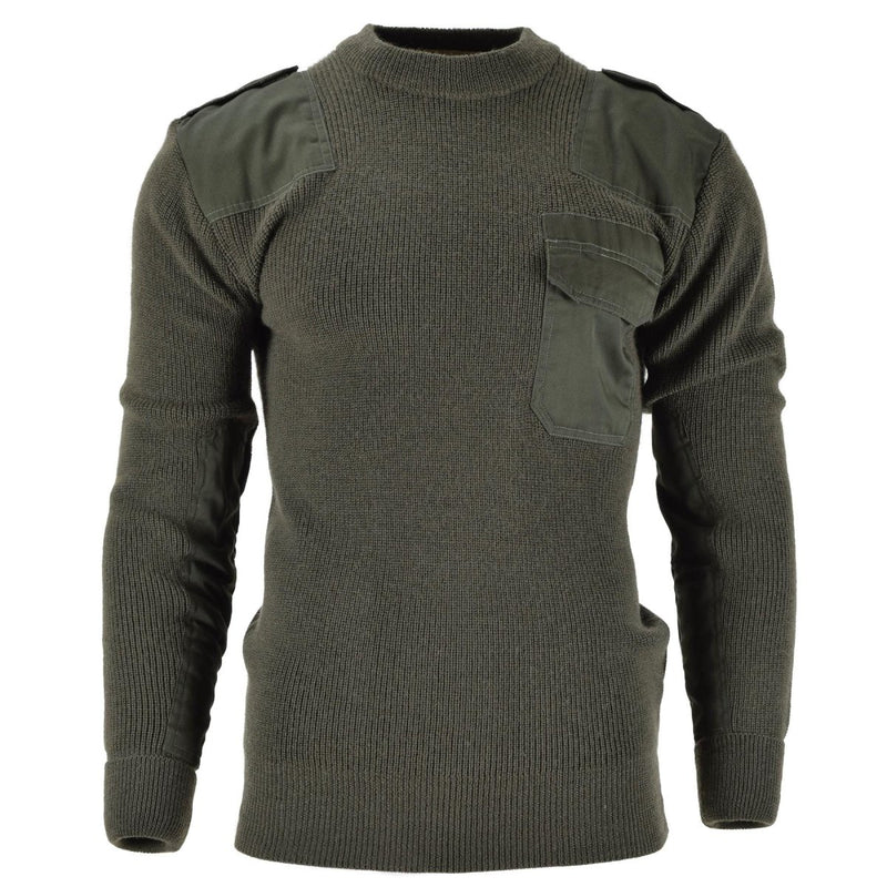 Mil-Tec olive green German Bundeswehr style wool commando jumper with reinforced shoulders and chest pocket.