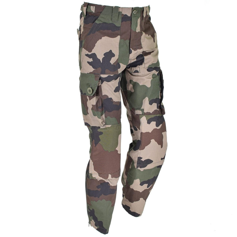 Mil-Tec military style CCE camo pants with ripstop fabric, padded knees, adjustable waistband, and zippered bottoms.