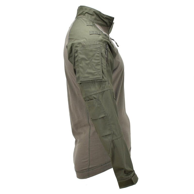 Side view of olive green Mil-Tec tactical field combat shirt with multiple arm pockets and breathable fabric