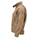Side view of Mil-Tec coyote brown ripstop tactical combat jacket with zippered pockets and Velcro patches