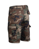 Mil-Tec military style woodland camouflage bermuda cargo shorts with multiple pockets and durable fabric.