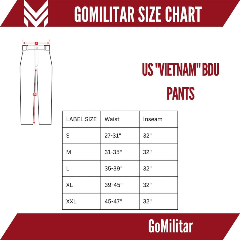 Size chart for US Vietnam BDU combat pants with waist and inseam measurements for sizes S to XXL