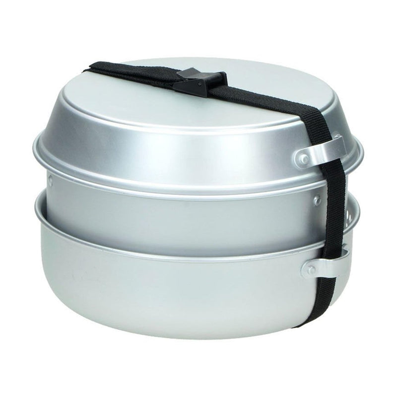 Compact MIL-TEC aluminum camping cookware set with pot, pan, and strap for easy outdoor cooking and travel.