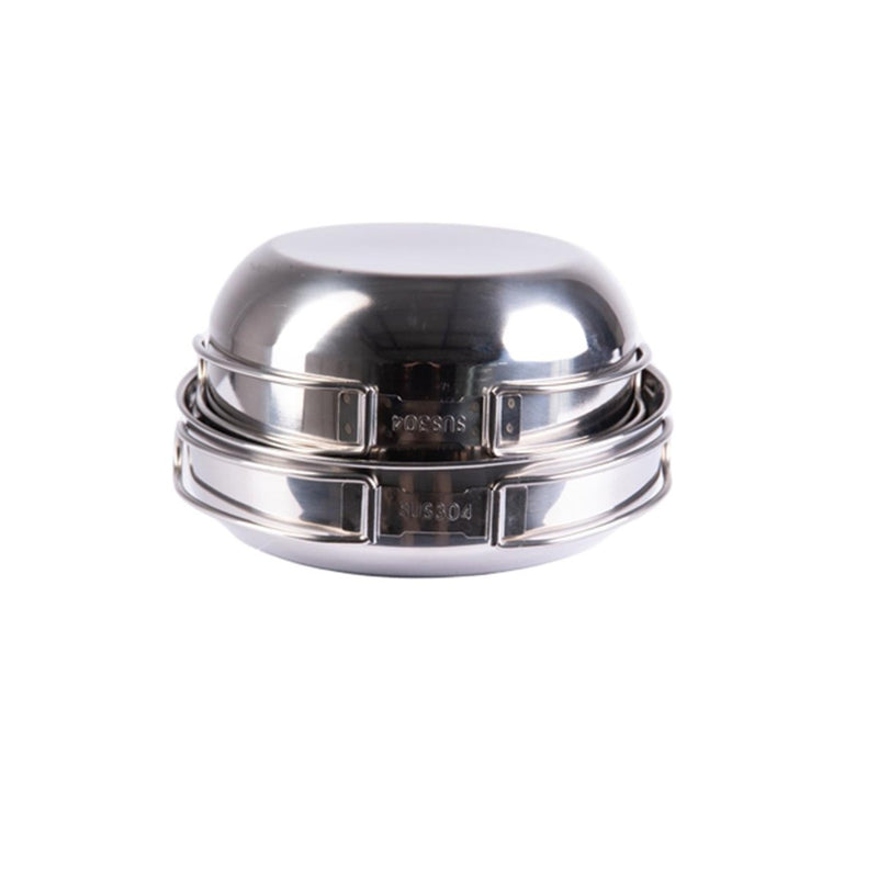 Compact MIL-TEC stainless steel 4-piece cookware set stacked for camping and outdoor cooking use.