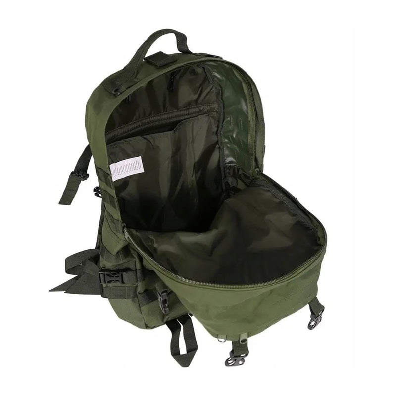 Olive green tactical backpack open to show spacious main compartment and durable straps with buckles.