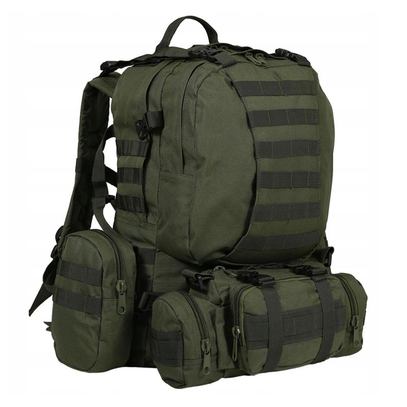 Olive military-style tactical backpack with multiple detachable pouches and MOLLE webbing for versatile outdoor use