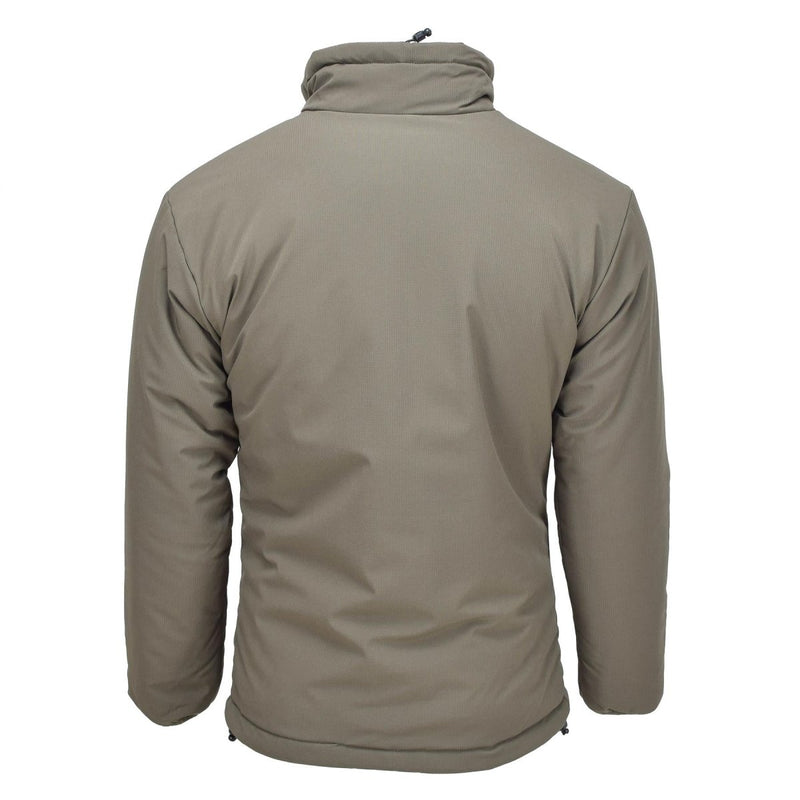 Back view of MIL-TEC reversible cold weather jacket in olive green, windproof and insulated for outdoor use.