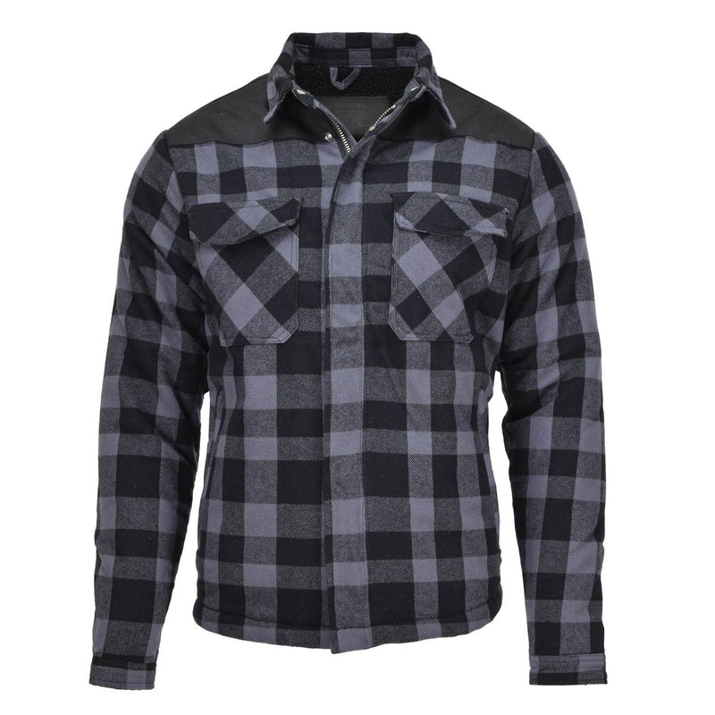 Black and gray plaid checkered MIL-TEC German Military lumberjack jacket with pockets and sturdy fabric for warmth and durability.
