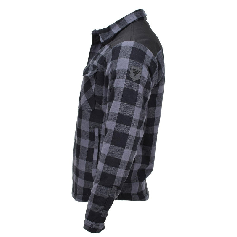 Side view of black and gray plaid MIL-TEC German Military Lumberjack jacket with durable fabric and multiple pockets