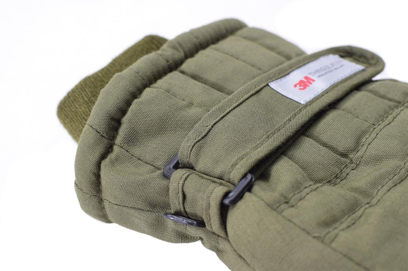 Olive green Mil-Tec winter gloves with Thinsulate lining, adjustable wrist strap, and durable tactical design