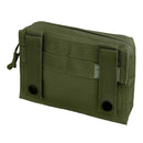 Compact olive green tactical utility pouch with MOLLE webbing and belt attachment straps for versatile gear carrying