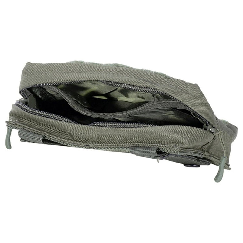 Open view of olive green MIL-TEC laser cut utility belt pouch with multiple zippered compartments and durable fabric