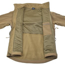 Inside view of MIL-TEC soft shell tactical jacket in dark coyote with fleece lining and zippered chest pocket.