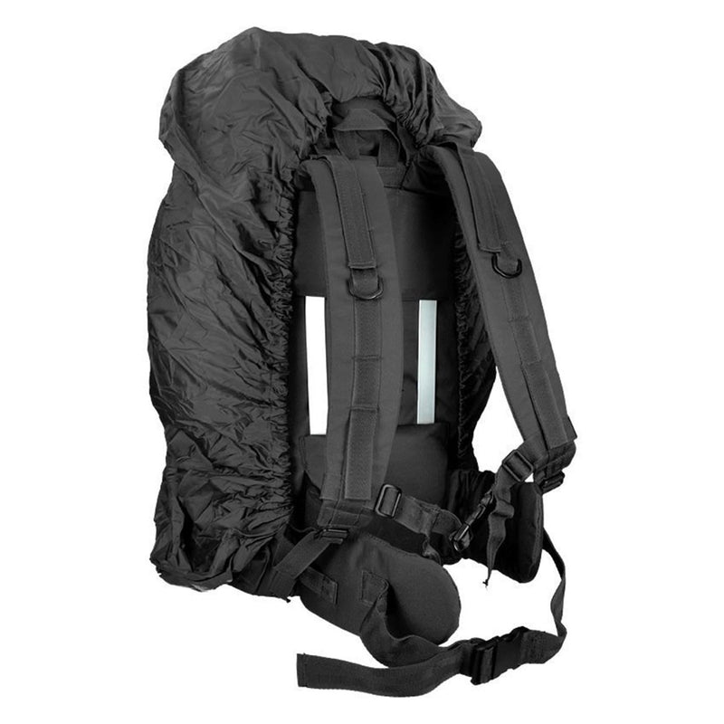 Black MIL-TEC RANGER 75L tactical backpack with padded straps, adjustable belt, MOLLE webbing, and waterproof rain cover shown from back.