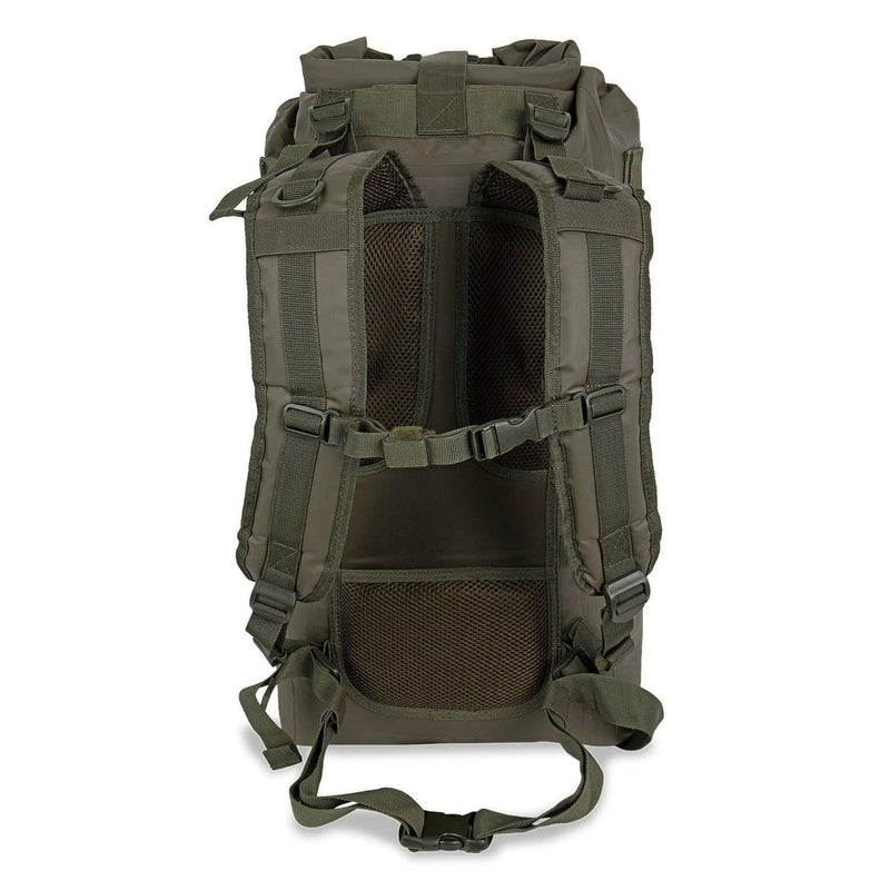 Back view of olive green MIL-TEC SEALS 35L waterproof tactical roll-up backpack with padded straps and mesh back panel