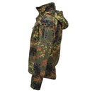 Side view of MIL-TEC Softshell jacket in German Flecktarn camouflage with hood and zippered sleeve pocket.