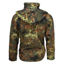 Back view of MIL-TEC Softshell jacket in German Flecktarn camouflage with hood and long sleeves.