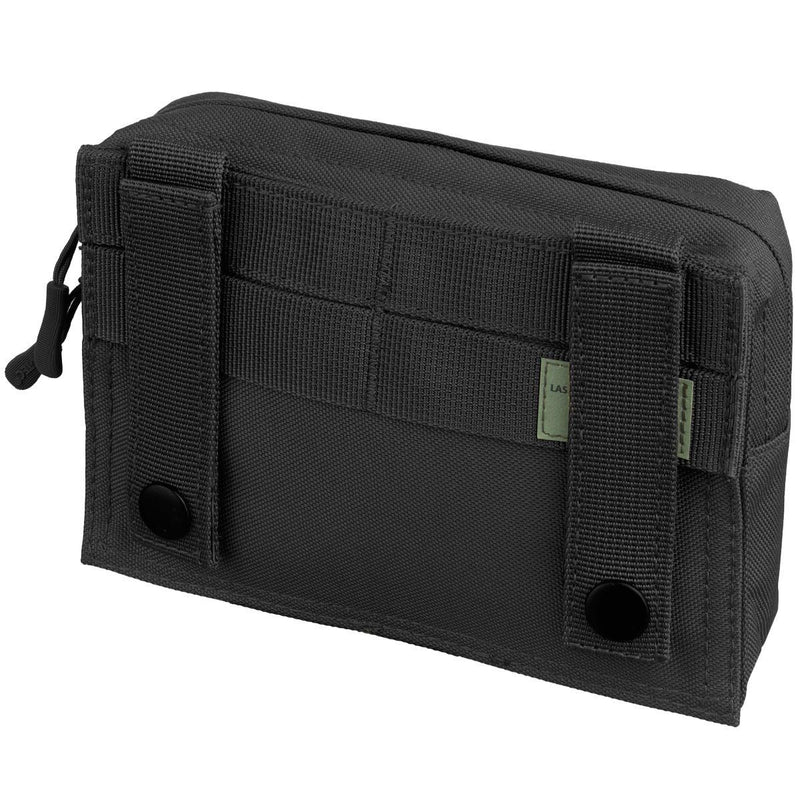 Compact black MOLLE tactical utility pouch with laser-cut webbing, designed for belt or backpack attachment.