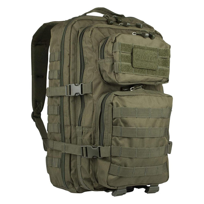 36L olive MIL-TEC U.S. assault backpack with multiple compartments, MOLLE attachments, padded shoulder straps for hiking.