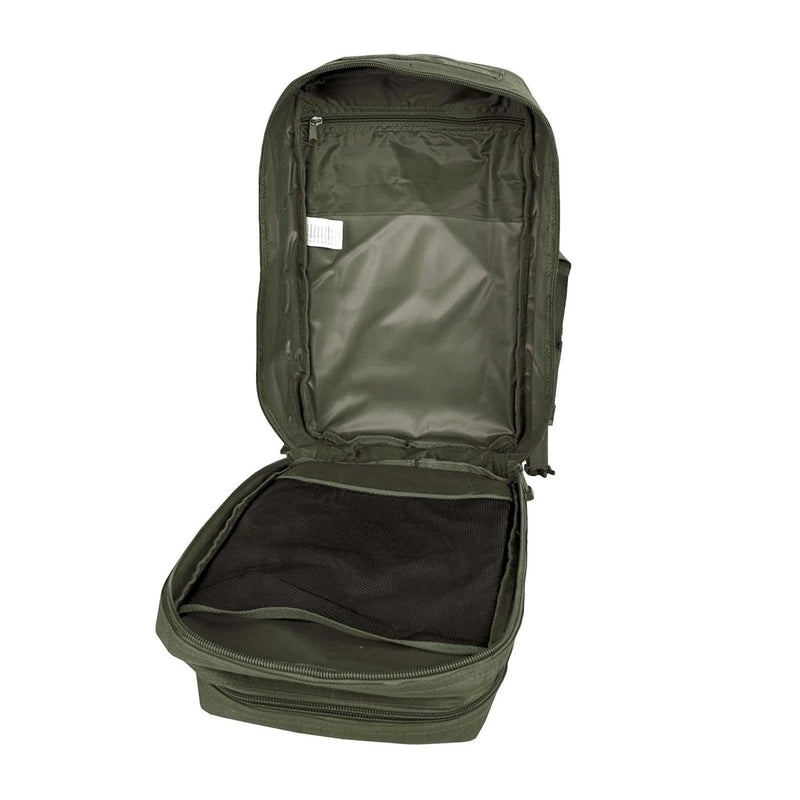 Open olive green MIL-TEC U.S. Assault 36L backpack showing spacious compartments and organizational pockets inside