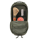 Open olive green MIL-TEC tactical backpack showing organized gear including cord, multitool, and energy snack inside